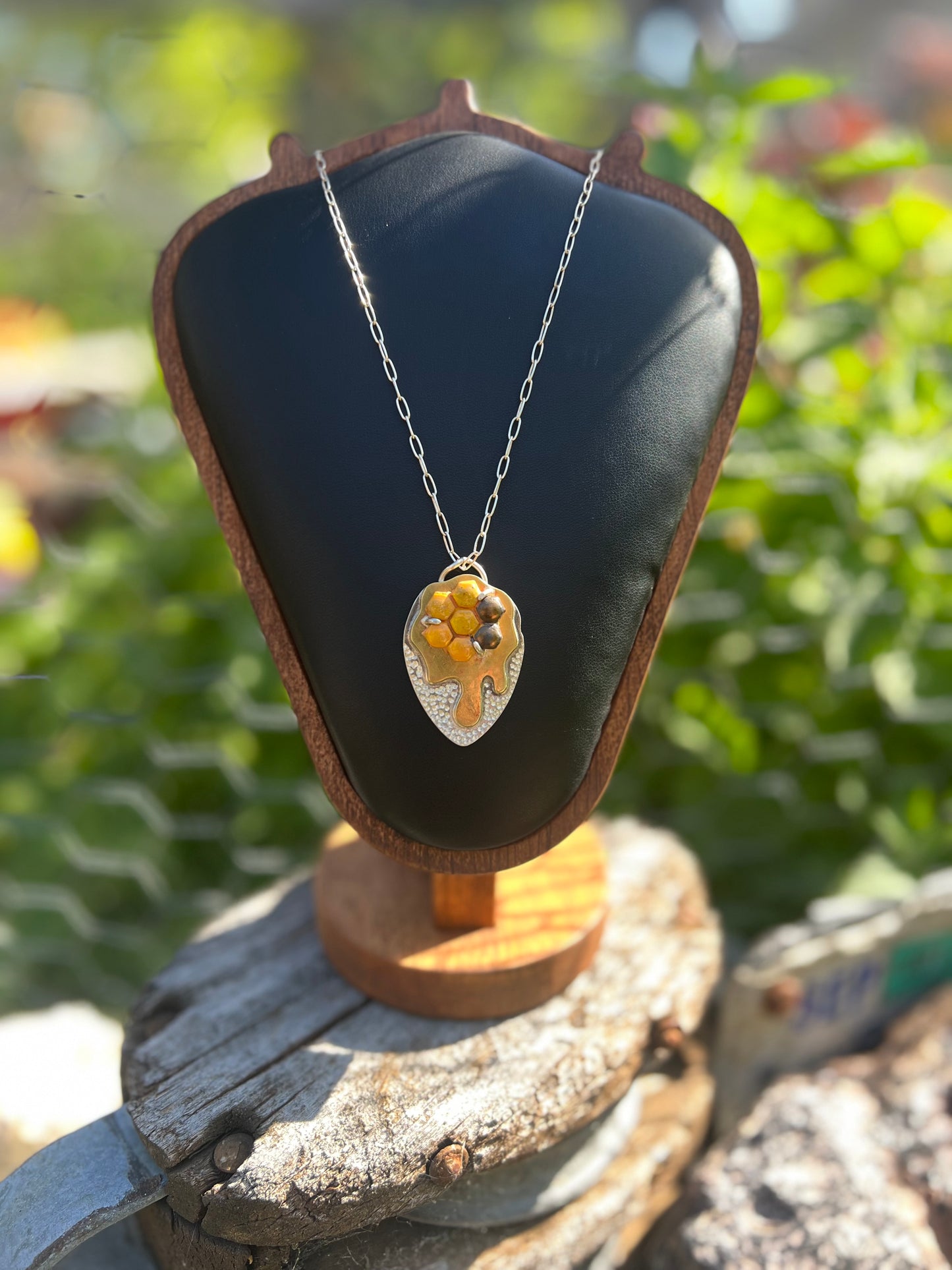 Honey comb, shield pendant necklace.