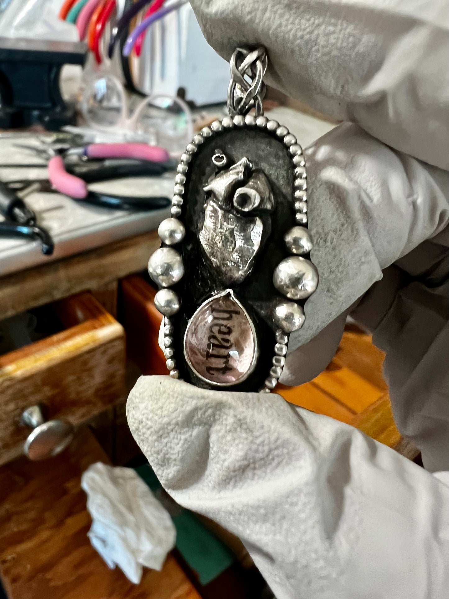 1800’s Print, "Love Story" a Sterling and Tourmaline pendant and chain necklace