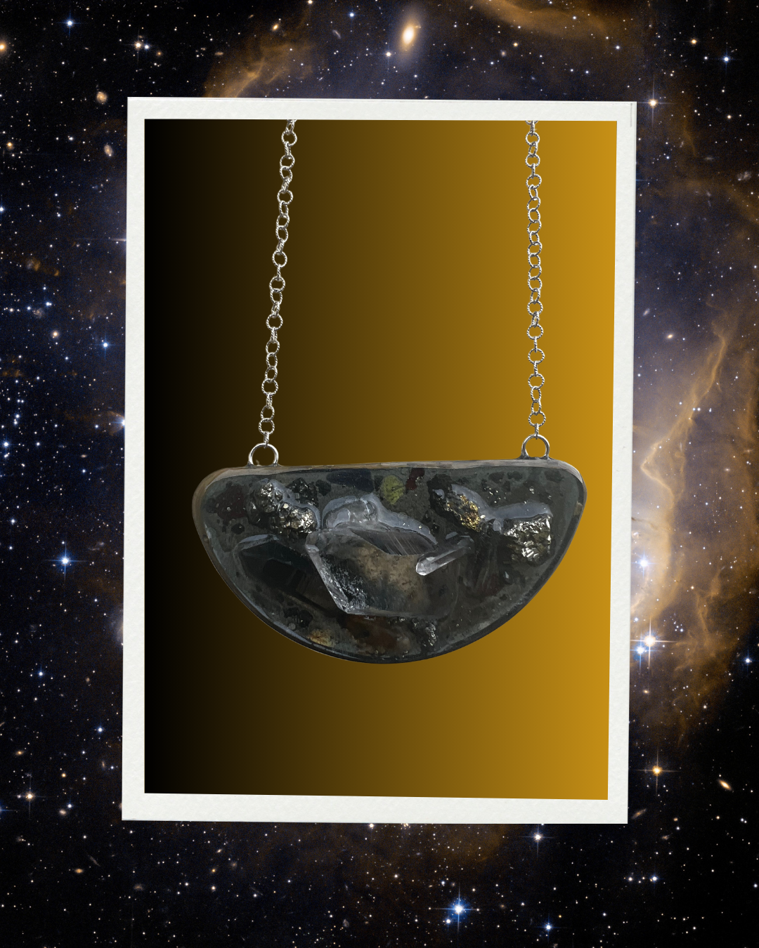 Galaxy VIIII, Crystal, resin, solid silver chain, necklace