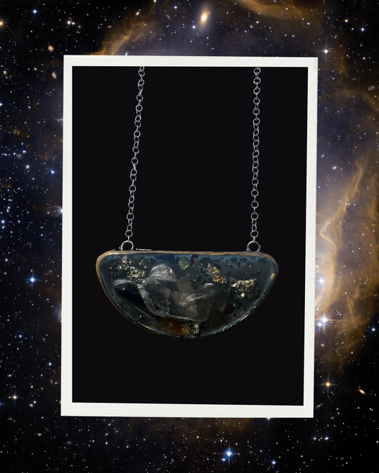 Galaxy VIIII, Crystal, resin, solid silver chain, necklace