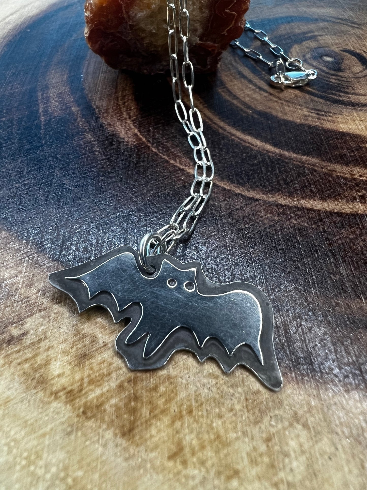 “Betty bat” necklace, sterling silver hand cut vintage design