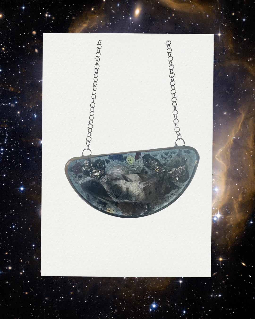 Galaxy VIIII, Crystal, resin, solid silver chain, necklace