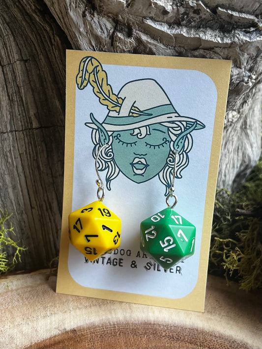 d20 D&D Dice Earrings - vintage - yellow - green - Argentium Silver Earwires - handmade - Dungeons and Dragons Jewelry