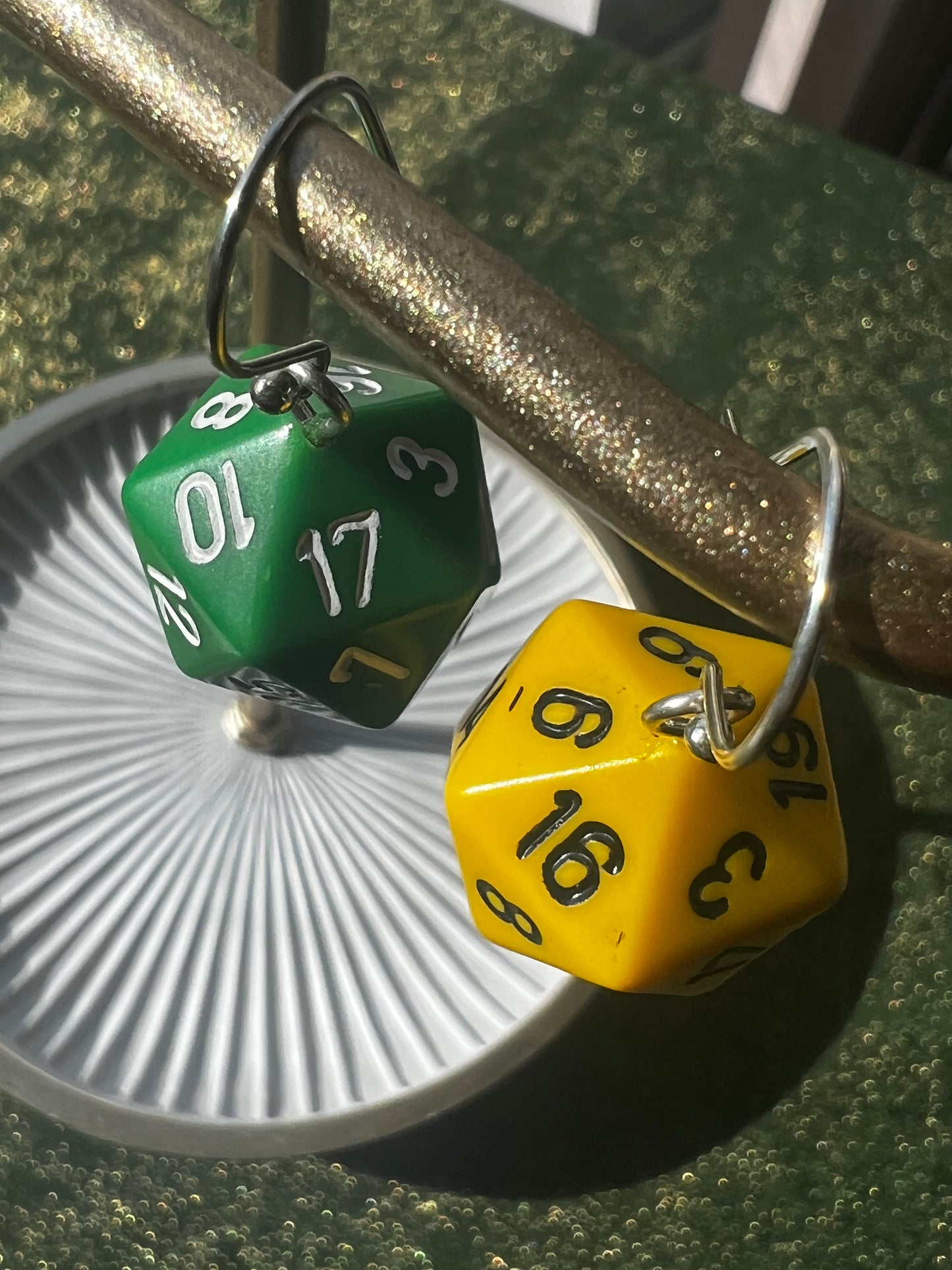 d20 D&D Dice Earrings - vintage - yellow - green - Argentium Silver Earwires - handmade - Dungeons and Dragons Jewelry