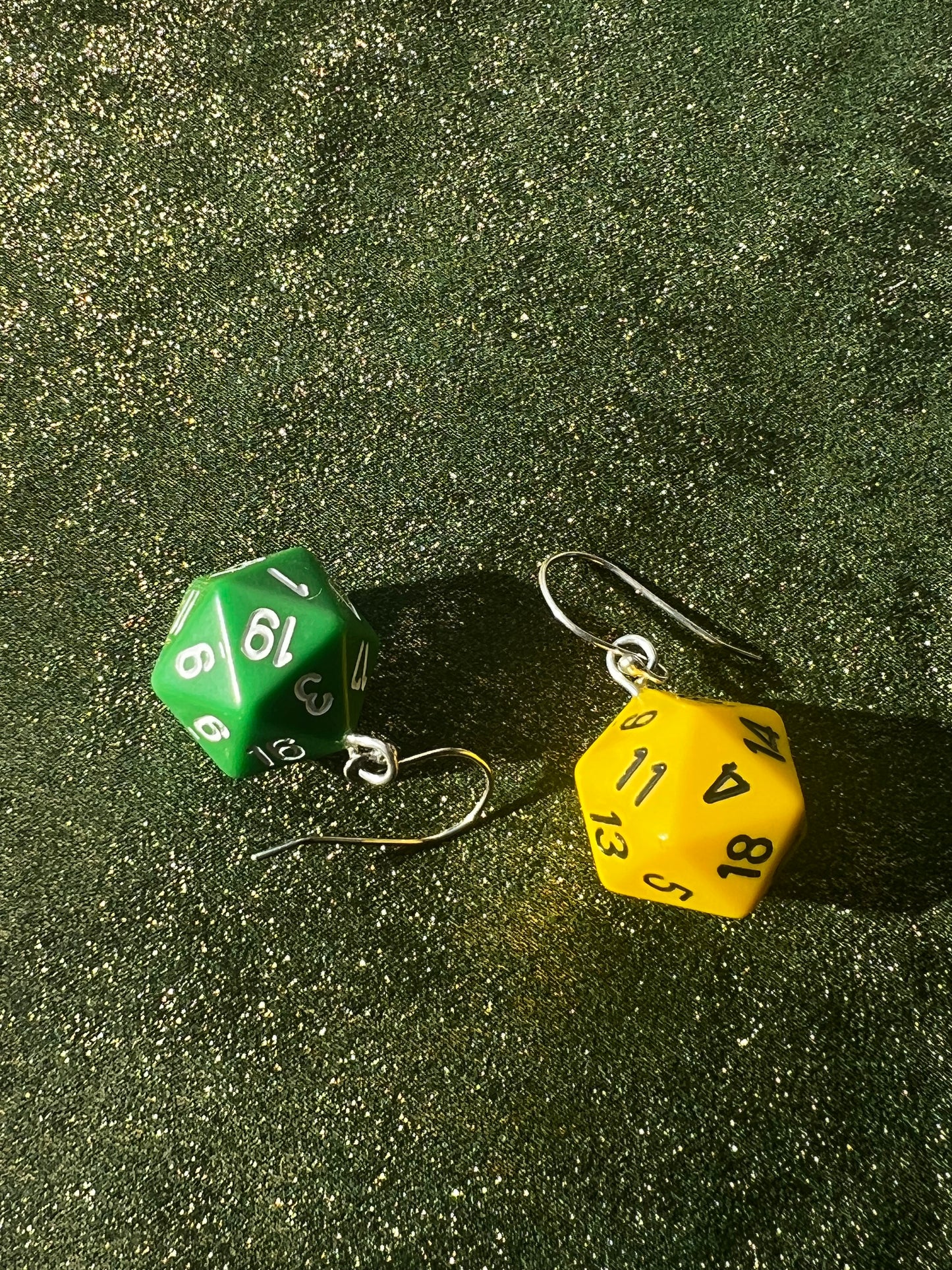 d20 D&D Dice Earrings - vintage - yellow - green - Argentium Silver Earwires - handmade - Dungeons and Dragons Jewelry