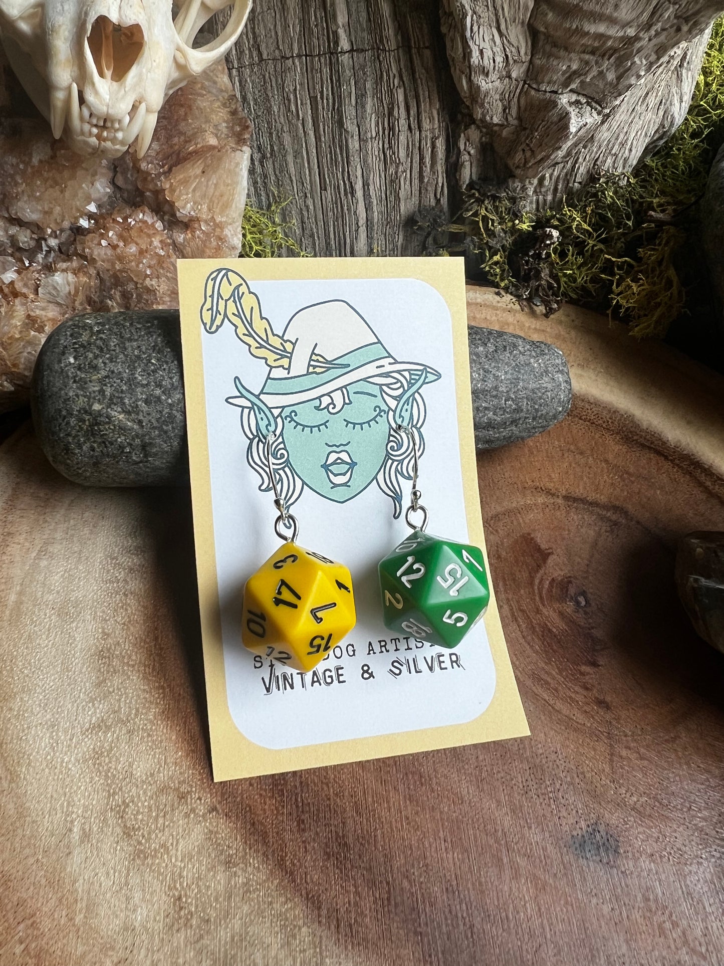 d20 D&D Dice Earrings - vintage - yellow - green - Argentium Silver Earwires - handmade - Dungeons and Dragons Jewelry