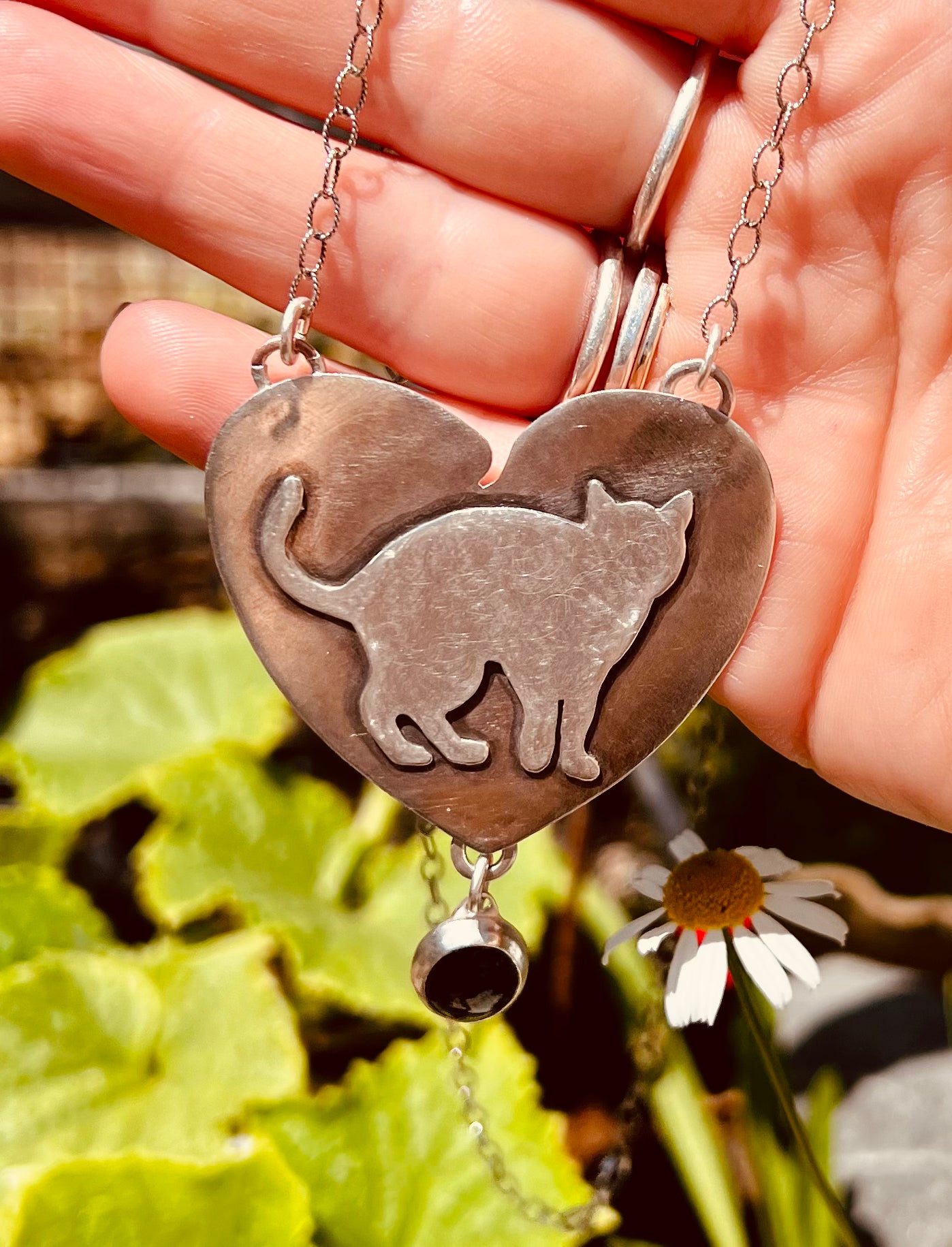 Rustic "cat lover" pendant necklace, with onyx charm